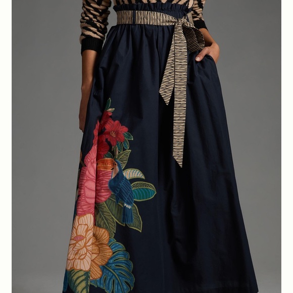 Anthropologie Farm Rio Tropical Maxi Skirt Floral Tie Bow Elastic  Blue Motif - Picture 2 of 8